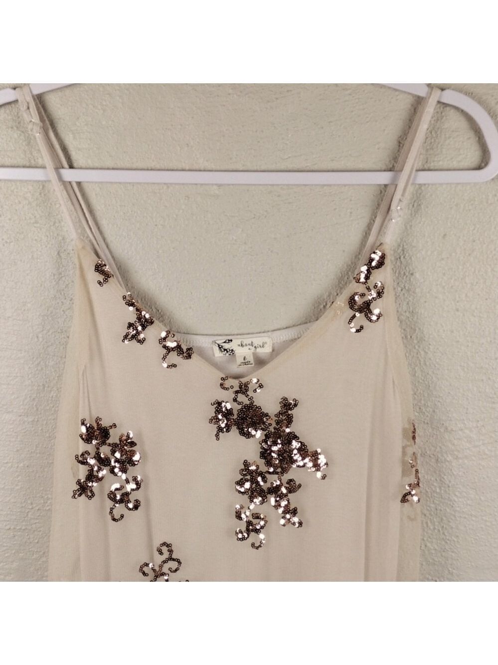 About A Girl Cream Tan Tulle Metallic Sequin Overlay Spaghetti Strap Tank Top - Picture 2 of 16